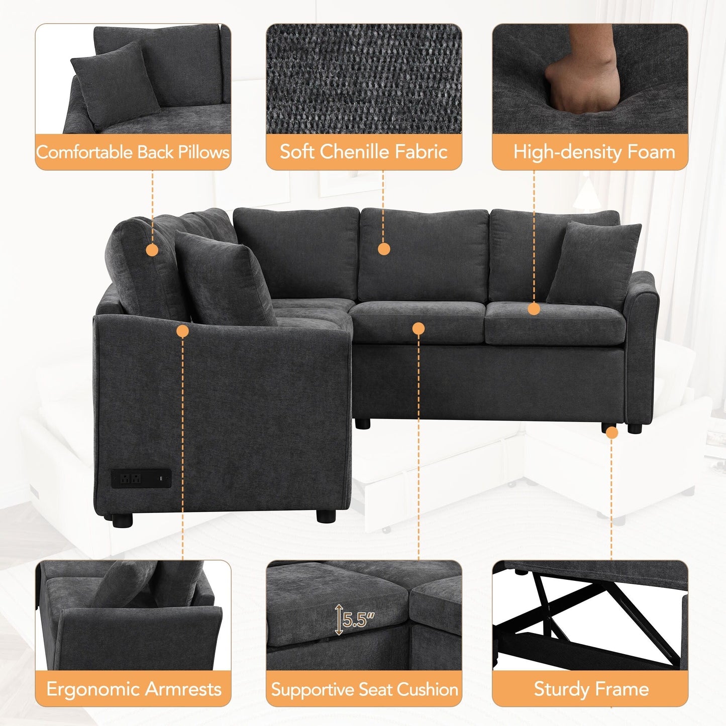 Canapé sectionnel moderne en chenille en forme de L avec lit gigogne, ports de charge USB et prises de courant pour le salon