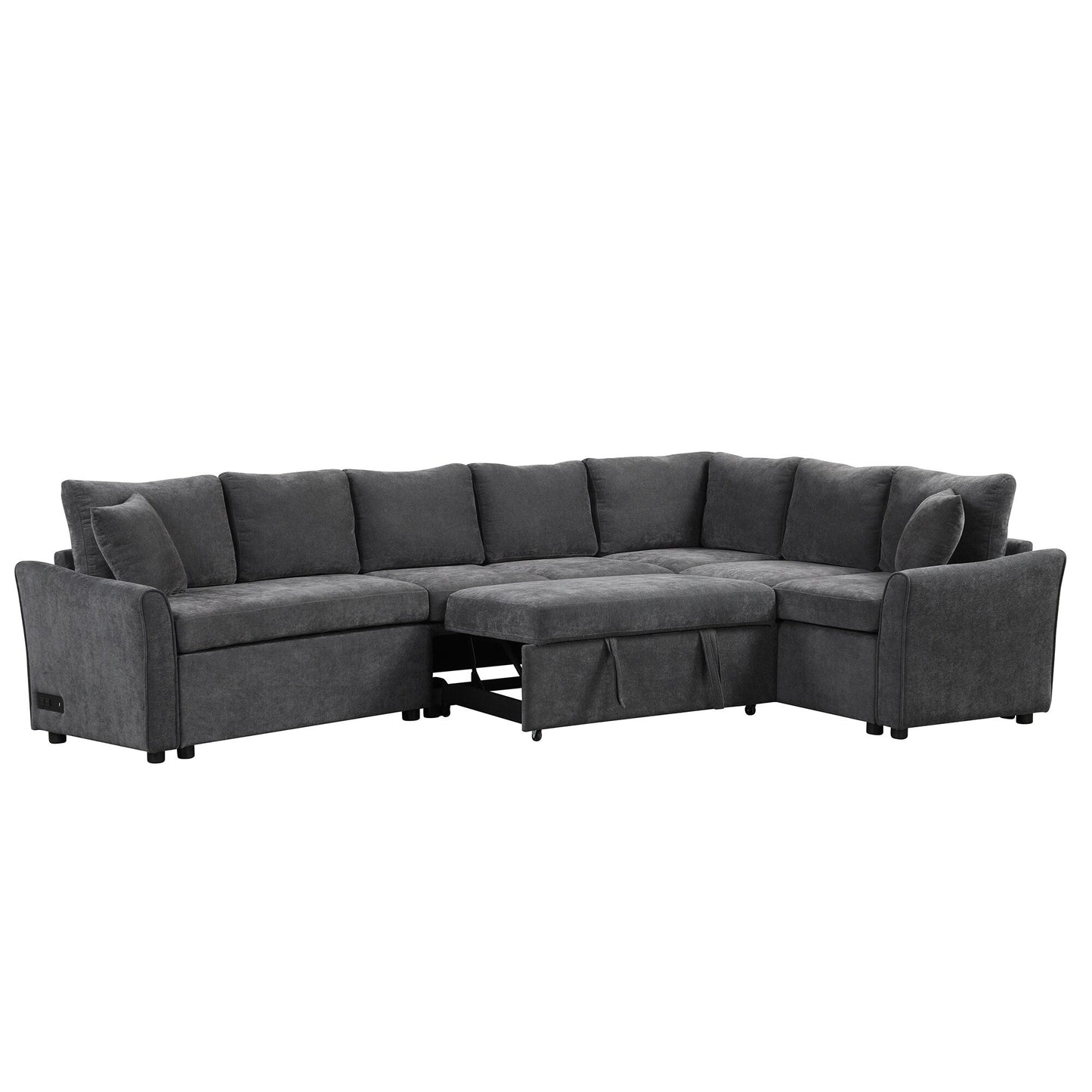 Canapé sectionnel moderne en chenille en forme de L avec lit gigogne, ports de charge USB et prises de courant pour le salon