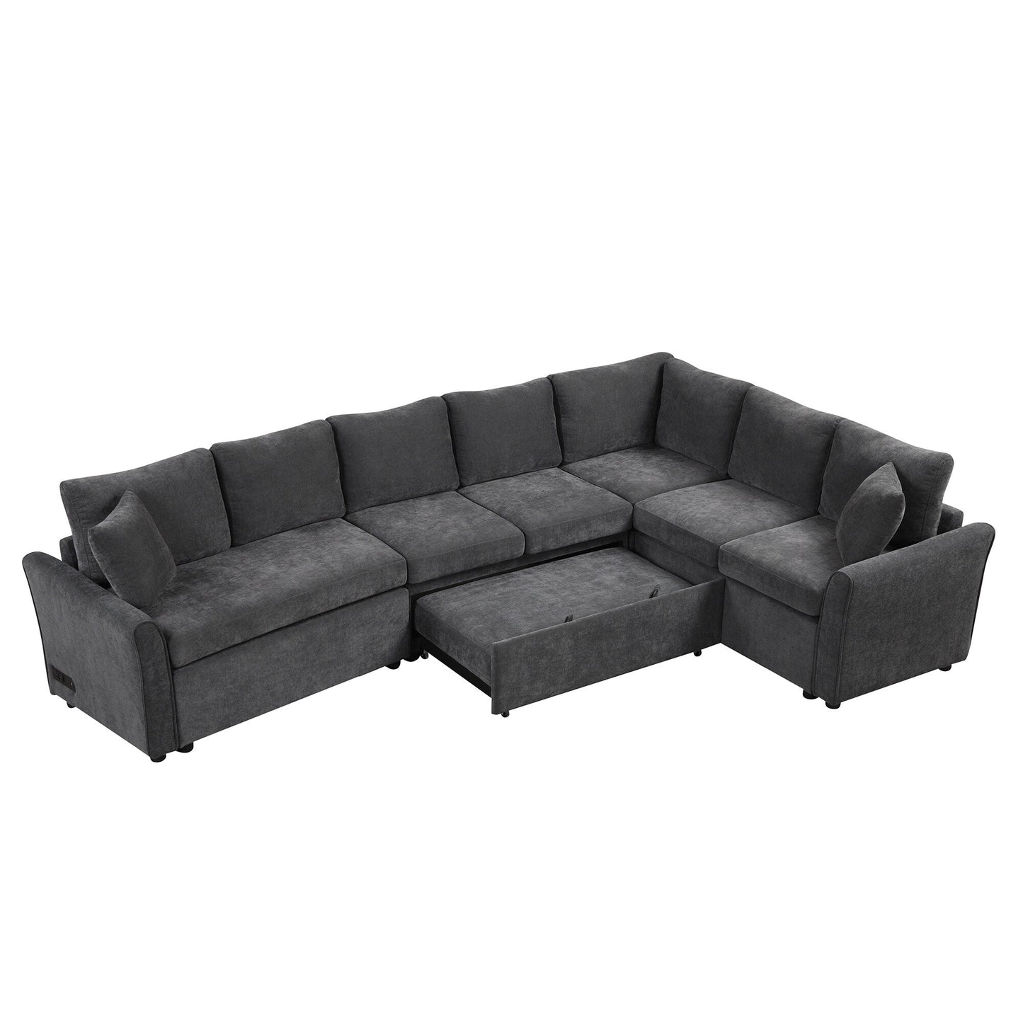 Canapé sectionnel moderne en chenille en forme de L avec lit gigogne, ports de charge USB et prises de courant pour le salon