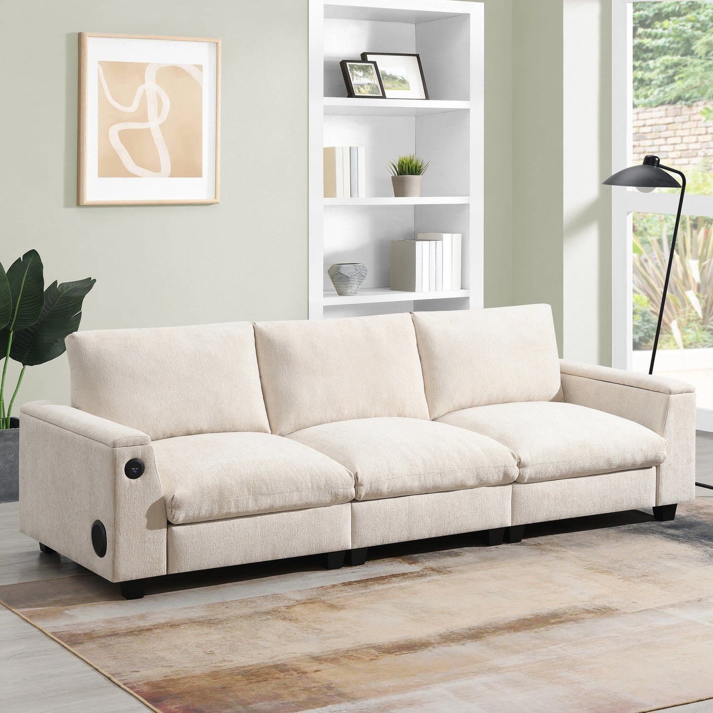 Canapé sectionnel moderne en chenille avec table rabattable, haut-parleurs Bluetooth, chargeur USB, porte-gobelets et rangement dissimulé dans l'accoudoir