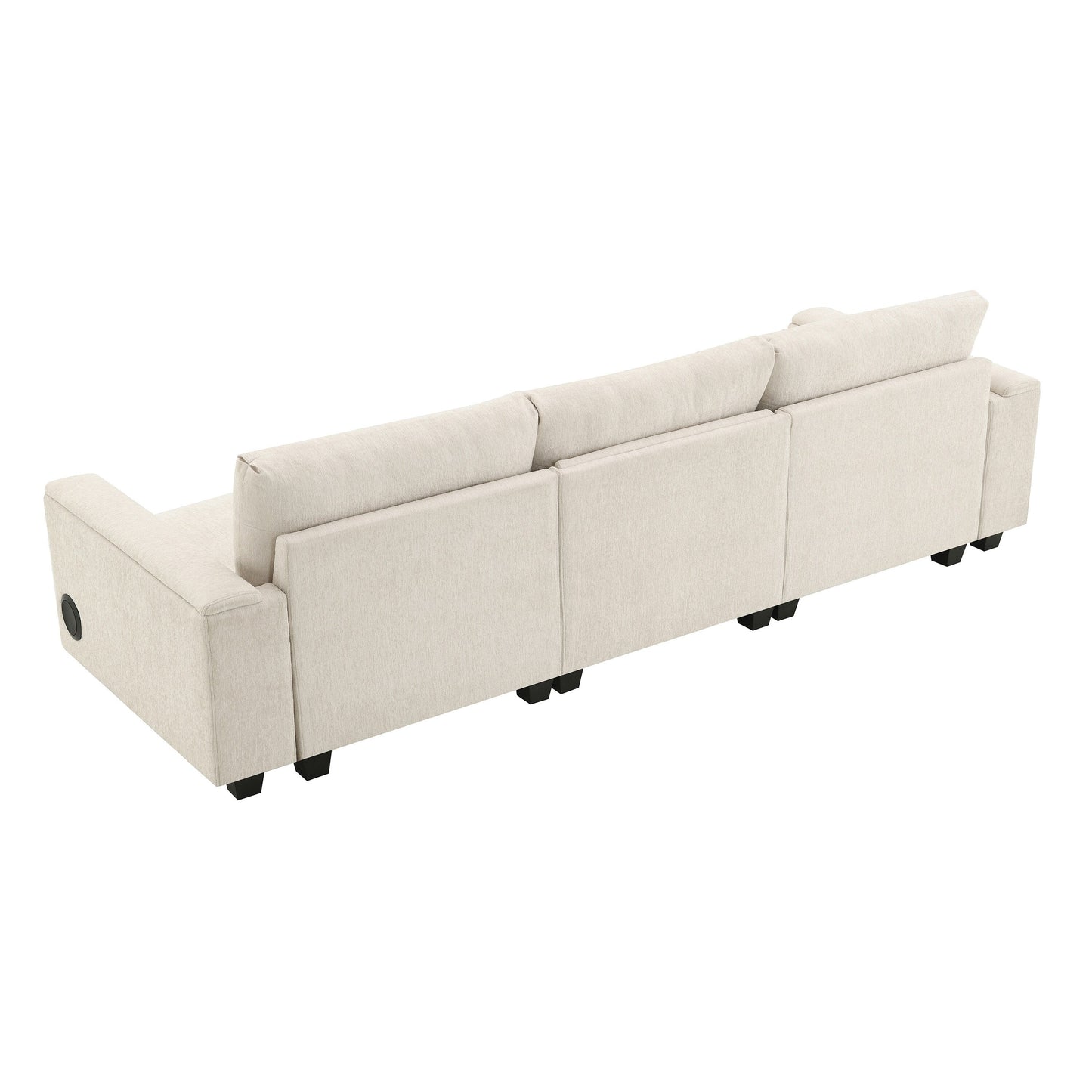 Canapé sectionnel moderne en chenille avec table rabattable, haut-parleurs Bluetooth, chargeur USB, porte-gobelets et rangement dissimulé dans l'accoudoir