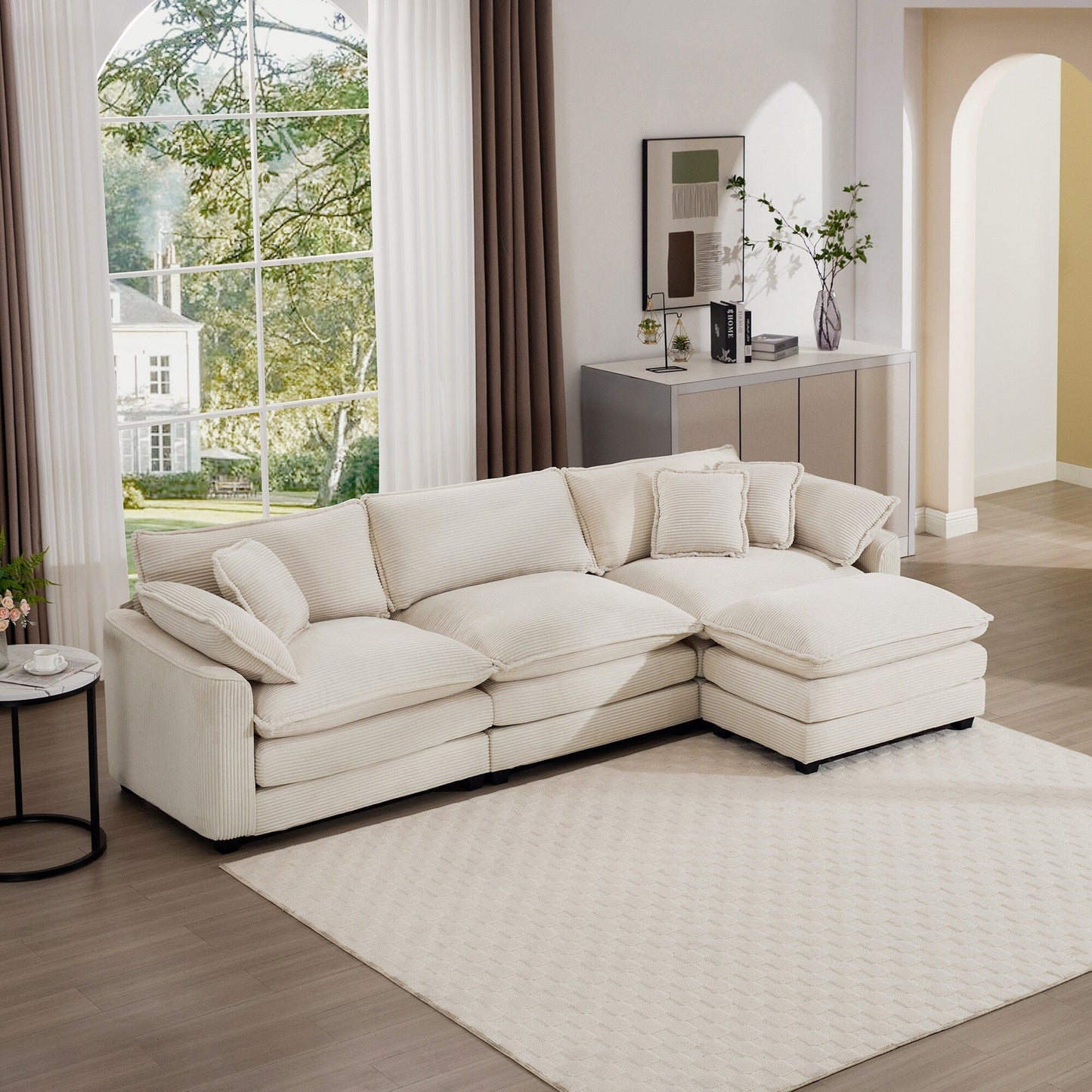 Canapé modulable moderne en velours côtelé, canapé 3 places à assise profonde avec pouf pour salon