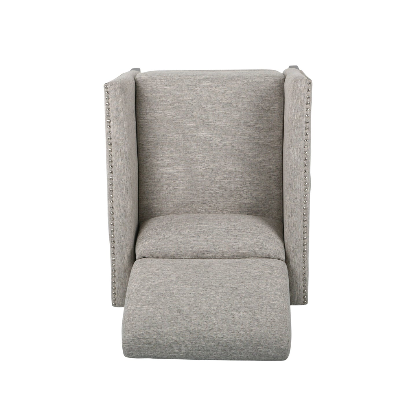 Fauteuil inclinable moderne en tissu avec repose-pieds, détails cloutés et pieds en bois de bouleau