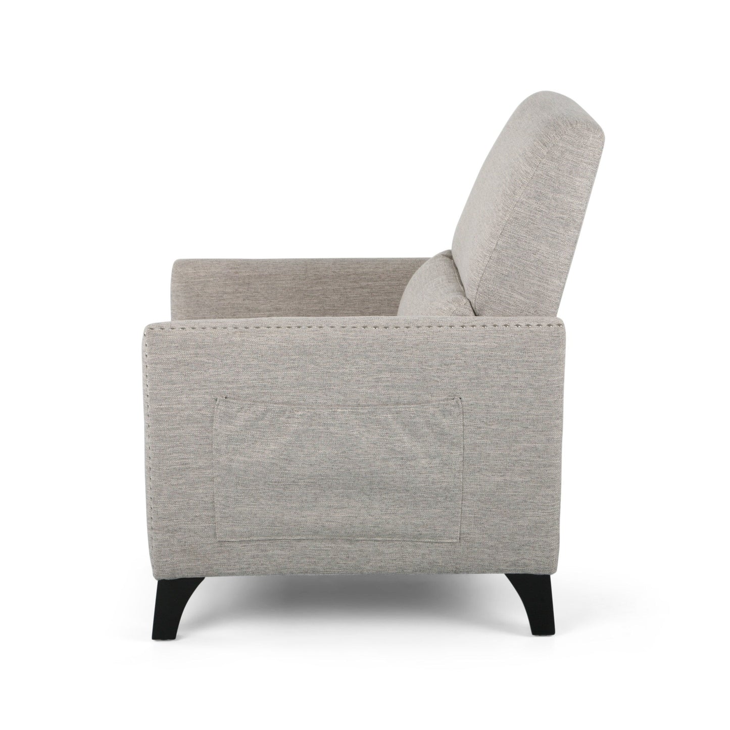 Fauteuil inclinable moderne en tissu avec repose-pieds, détails cloutés et pieds en bois de bouleau