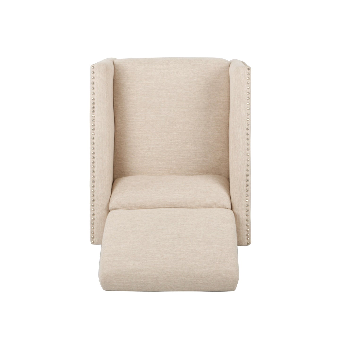Fauteuil inclinable moderne en tissu avec repose-pieds, détails cloutés et pieds en bois de bouleau