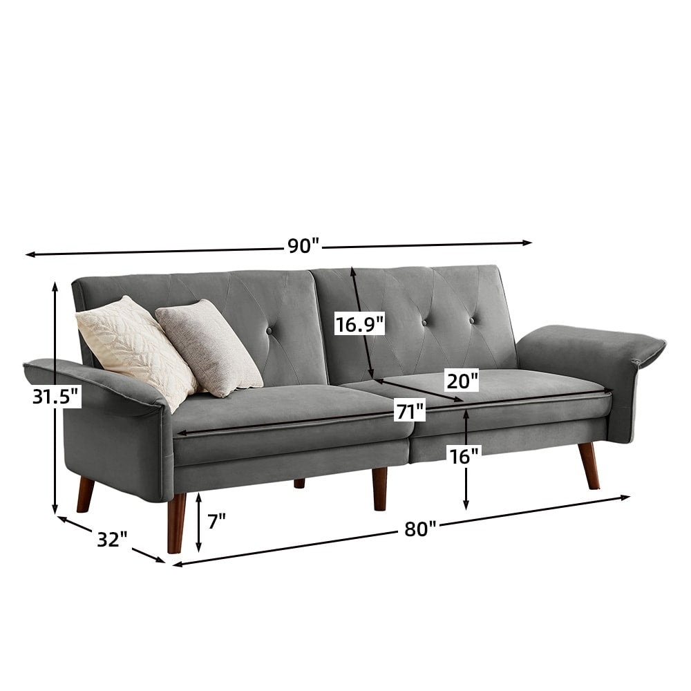 Canapé-lit futon moderne, canapé-lit convertible avec pieds fuselés en bois, 78,35 po, petit canapé à dossier divisé pour le salon