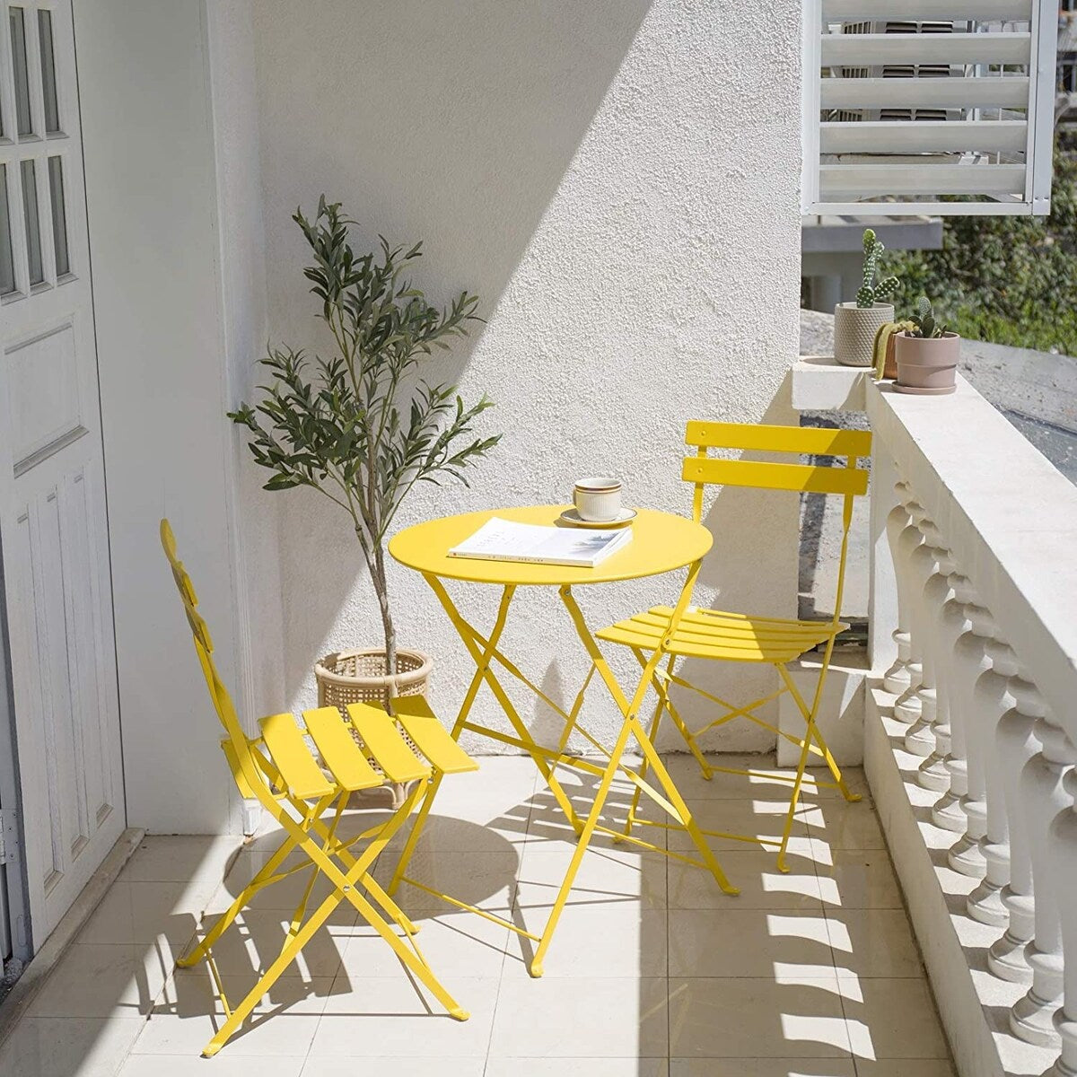 Ensemble bistrot pliant en métal 3 pièces, résistant aux intempéries, pour l'extérieur et l'intérieur, idéal pour la terrasse, la cour et le jardin.