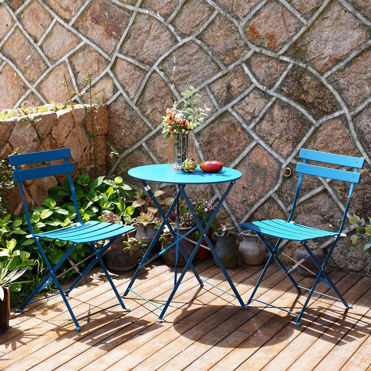 Ensemble bistrot pliant en métal 3 pièces, résistant aux intempéries, pour l'extérieur et l'intérieur, idéal pour la terrasse, la cour et le jardin.