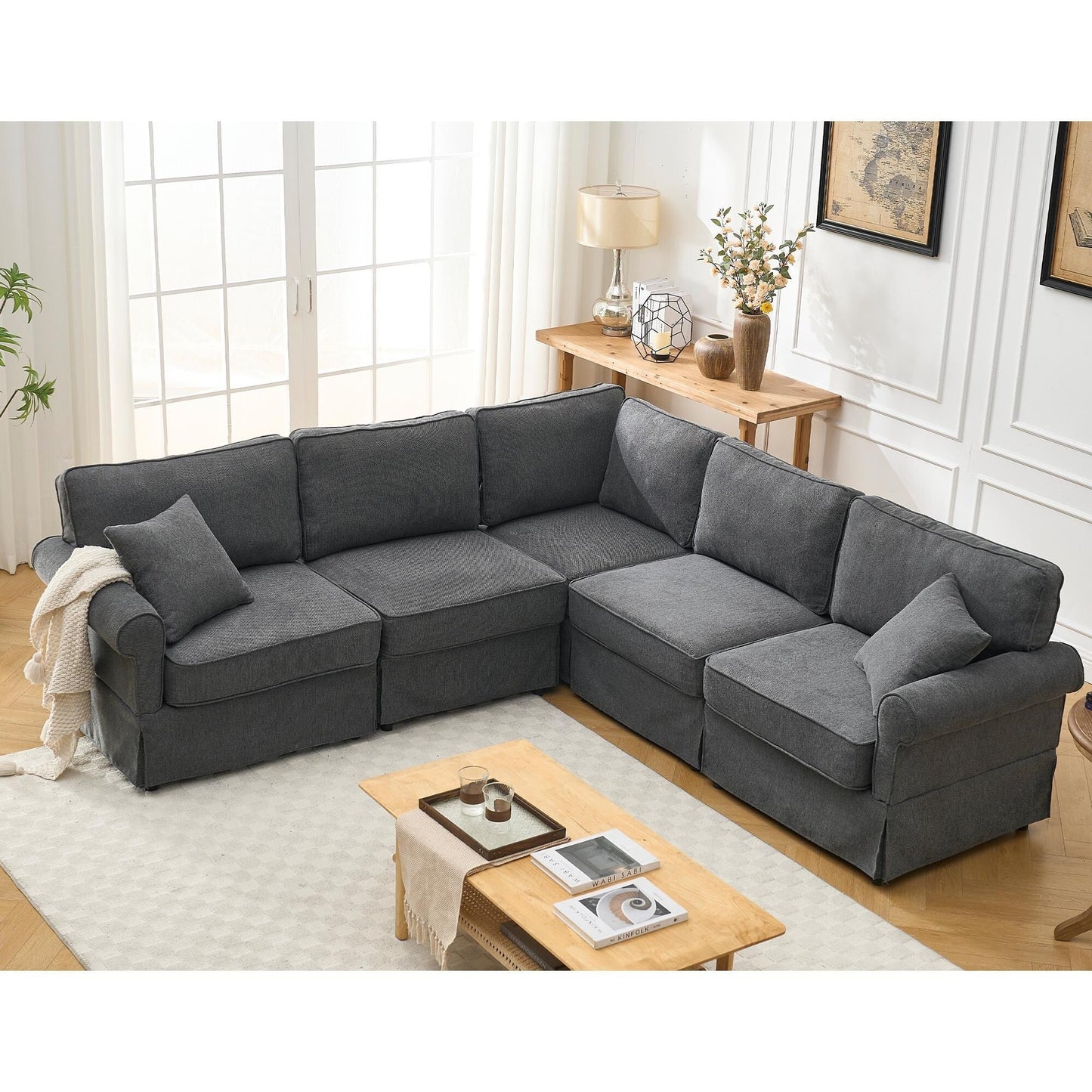 Canapé d'angle sectionnel réversible moderne en forme de L 5 places avec accoudoirs roulés pour salon appartement