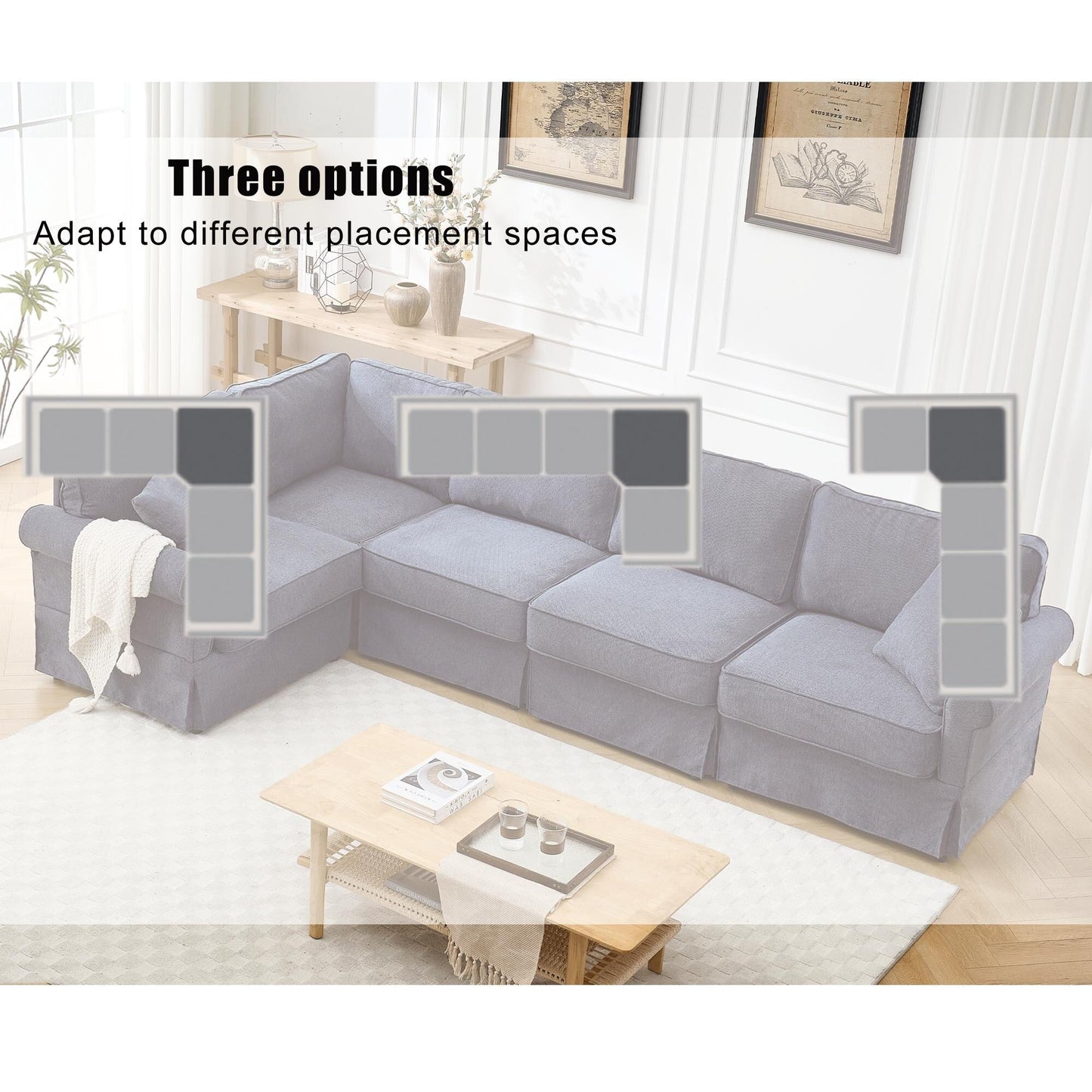 Canapé d'angle sectionnel réversible moderne en forme de L 5 places avec accoudoirs roulés pour salon appartement