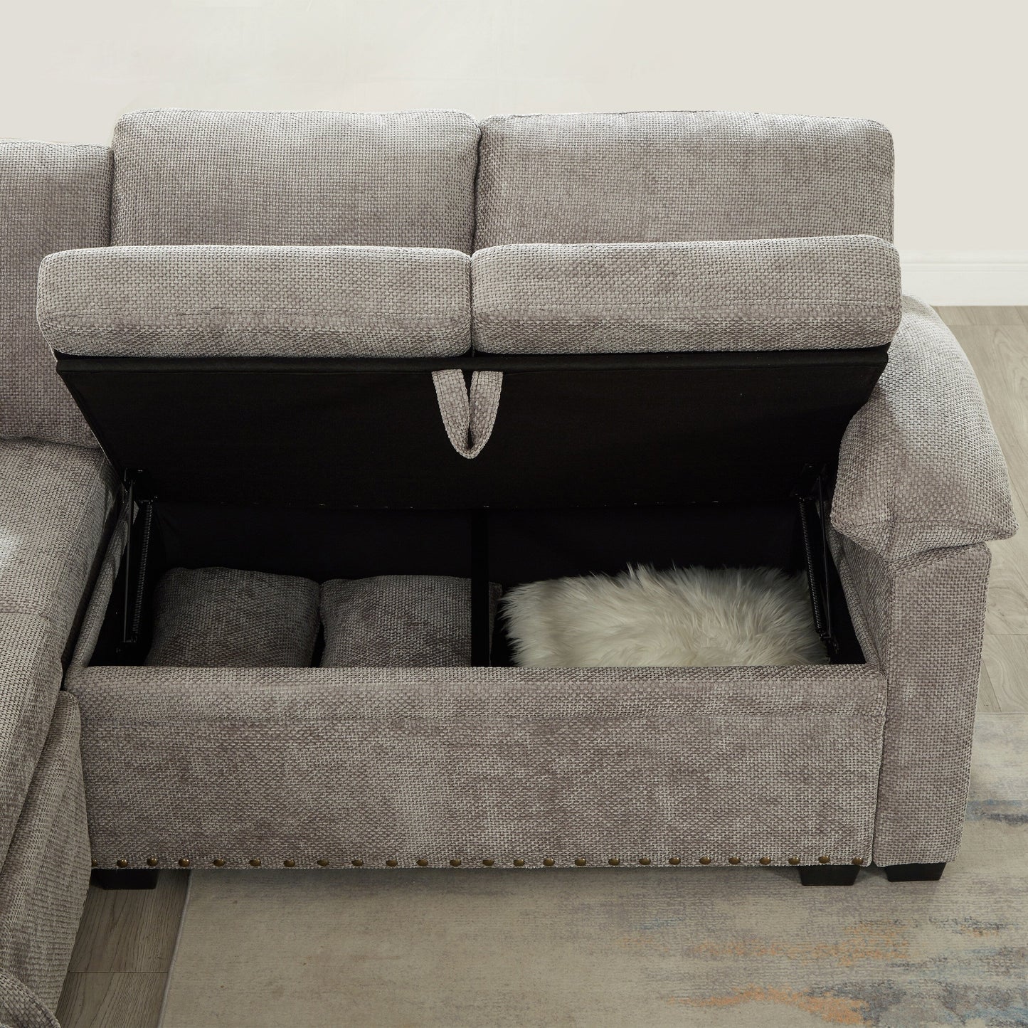 Canapé sectionnel moderne en chenille en forme de L avec canapé-lit gigogne, sièges de rangement, pouf et 2 oreillers pour le salon