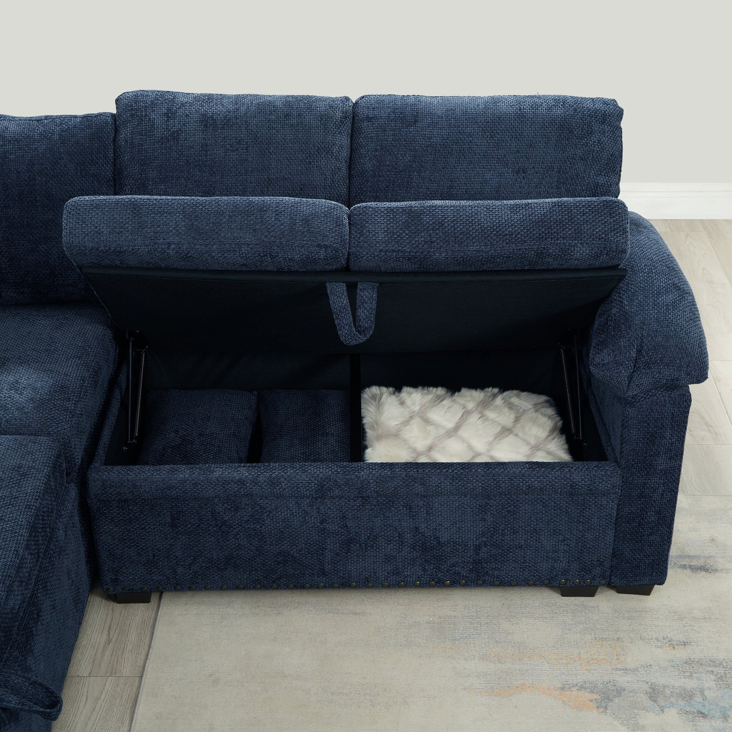 Canapé sectionnel moderne en chenille en forme de L avec canapé-lit gigogne, sièges de rangement, pouf et 2 oreillers pour le salon