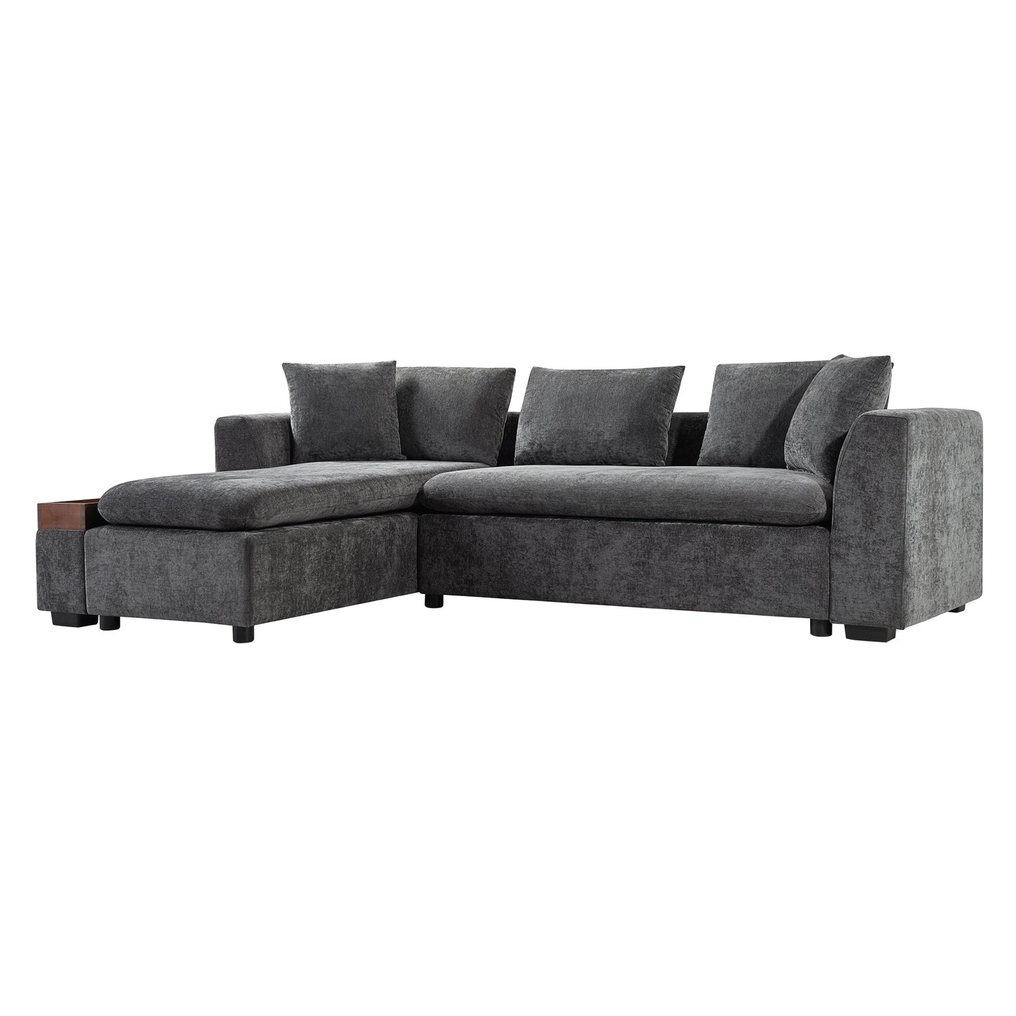 Canapé sectionnel moderne en chenille en forme de L avec compartiment de rangement en bois et coussins assortis pour le salon