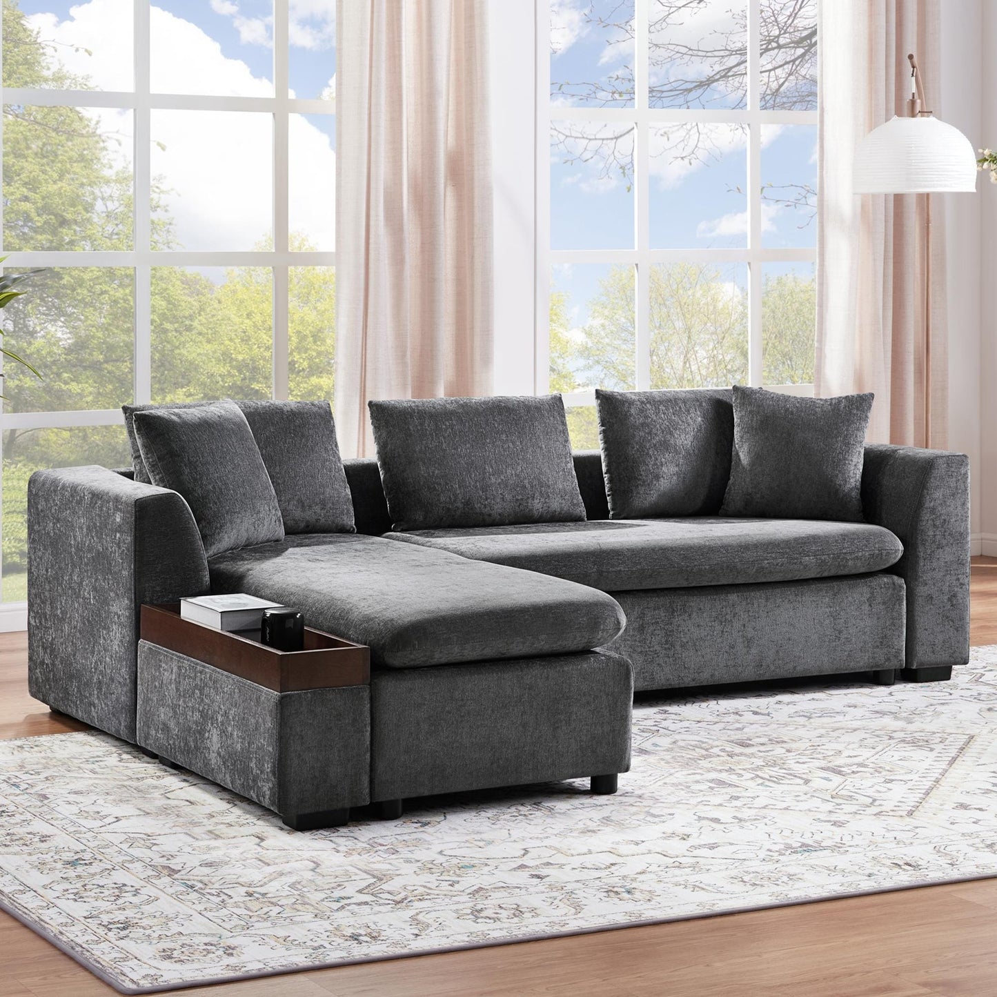 Canapé sectionnel moderne en chenille en forme de L avec compartiment de rangement en bois et coussins assortis pour le salon