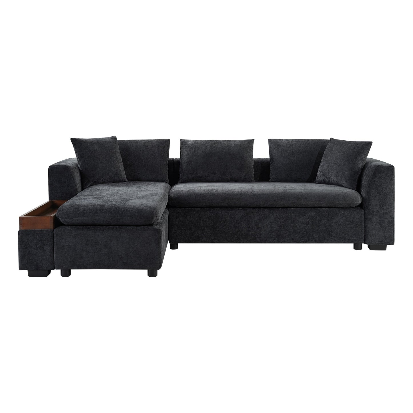 Canapé sectionnel moderne en chenille en forme de L avec compartiment de rangement en bois et coussins assortis pour le salon
