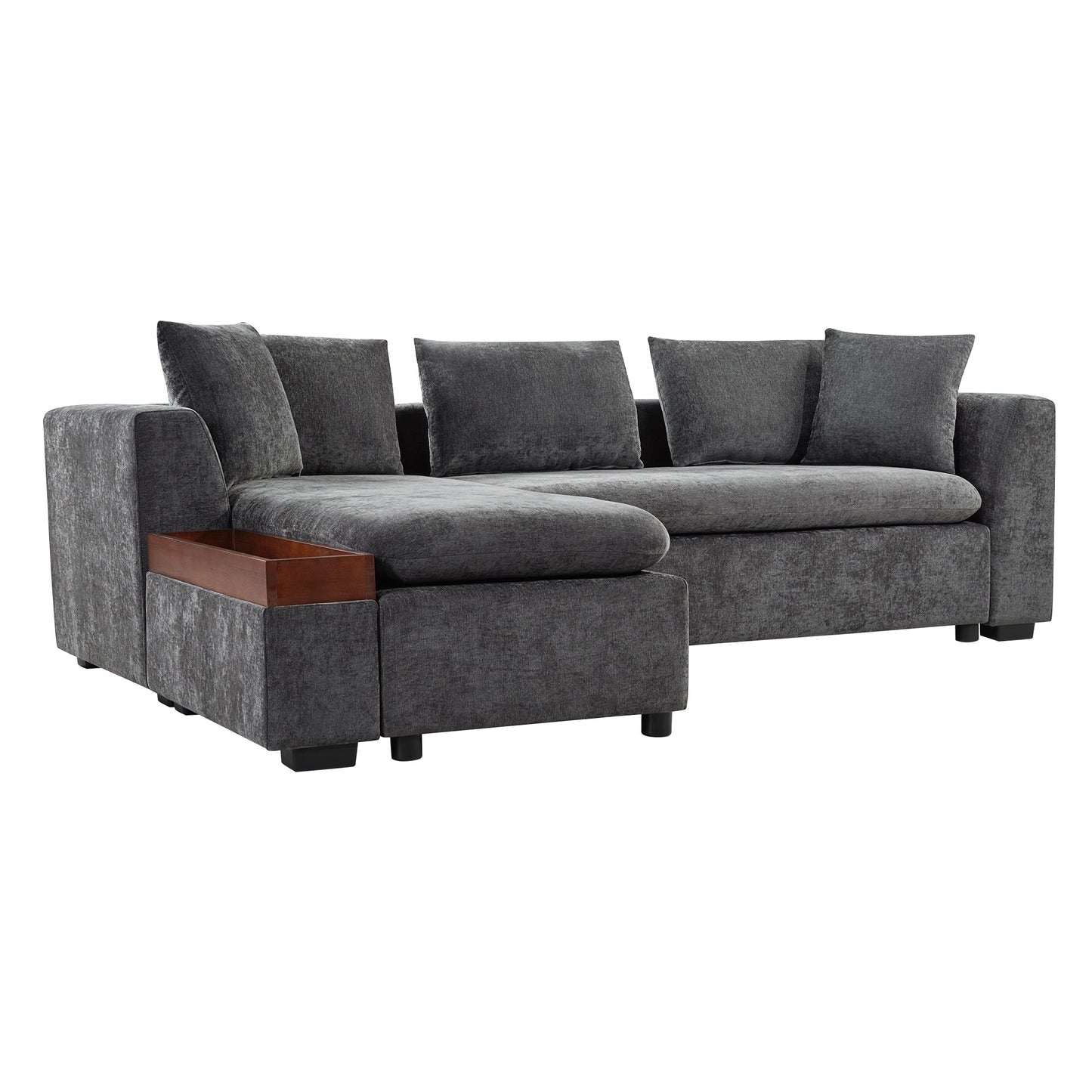 Canapé sectionnel moderne en chenille en forme de L avec compartiment de rangement en bois et coussins assortis pour le salon