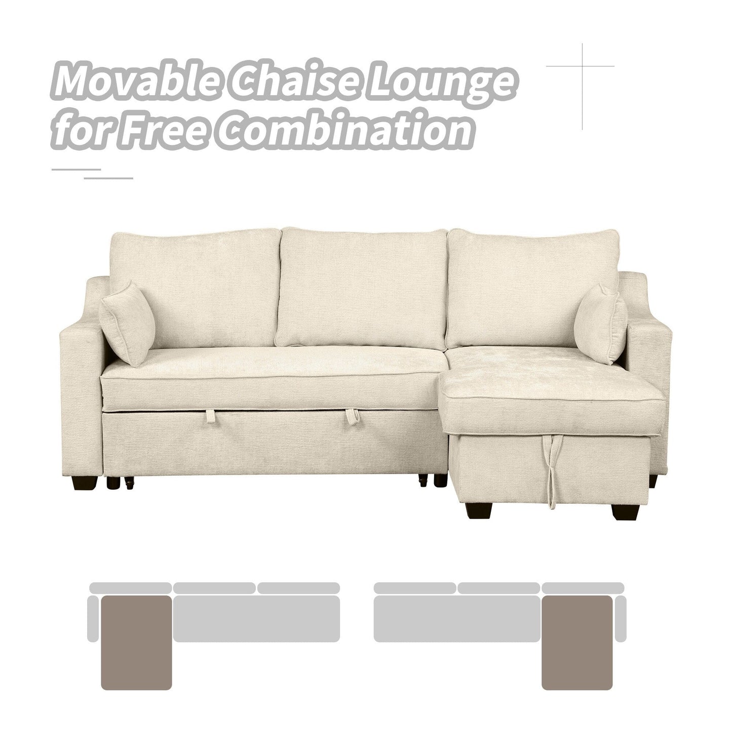 Canapé-lit convertible moderne en L avec méridienne de rangement, ports USB et étagères de rangement pour le salon