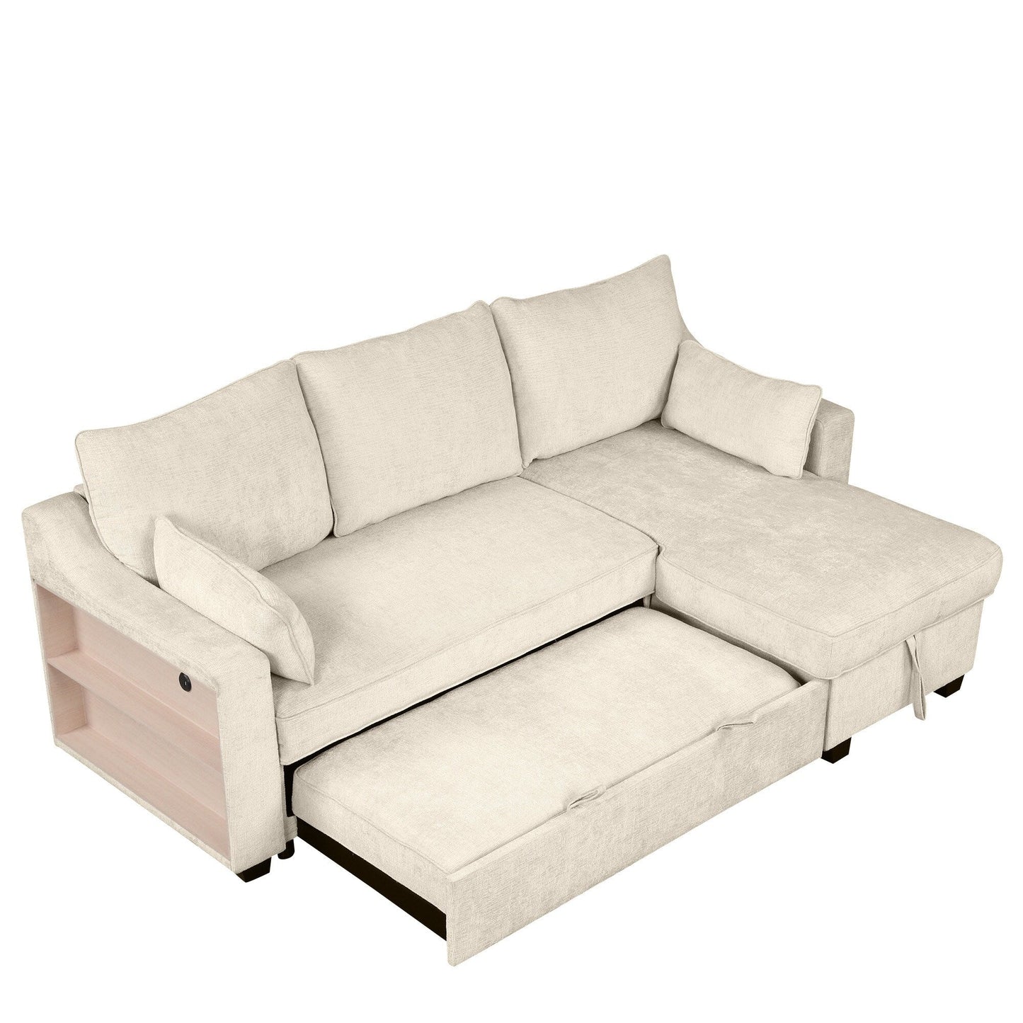 Canapé-lit convertible moderne en L avec méridienne de rangement, ports USB et étagères de rangement pour le salon