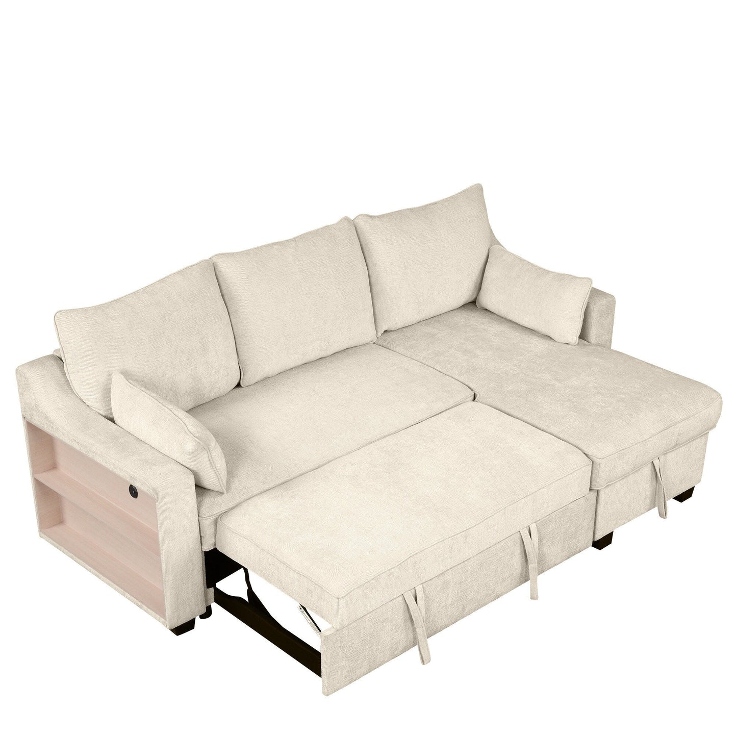 Canapé-lit convertible moderne en L avec méridienne de rangement, ports USB et étagères de rangement pour le salon