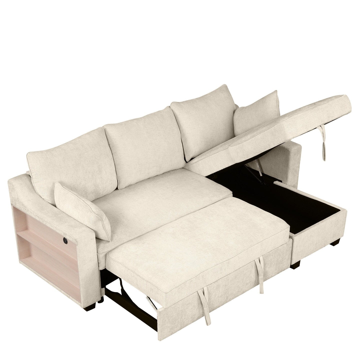 Canapé-lit convertible moderne en L avec méridienne de rangement, ports USB et étagères de rangement pour le salon