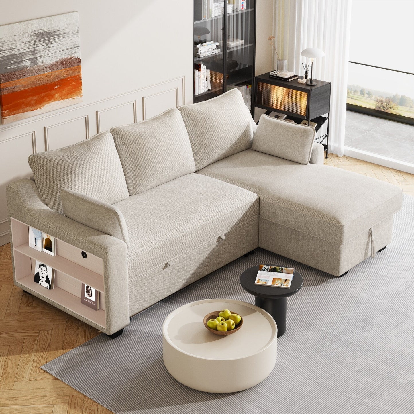 Canapé-lit convertible moderne en L avec méridienne de rangement, ports USB et étagères de rangement pour le salon