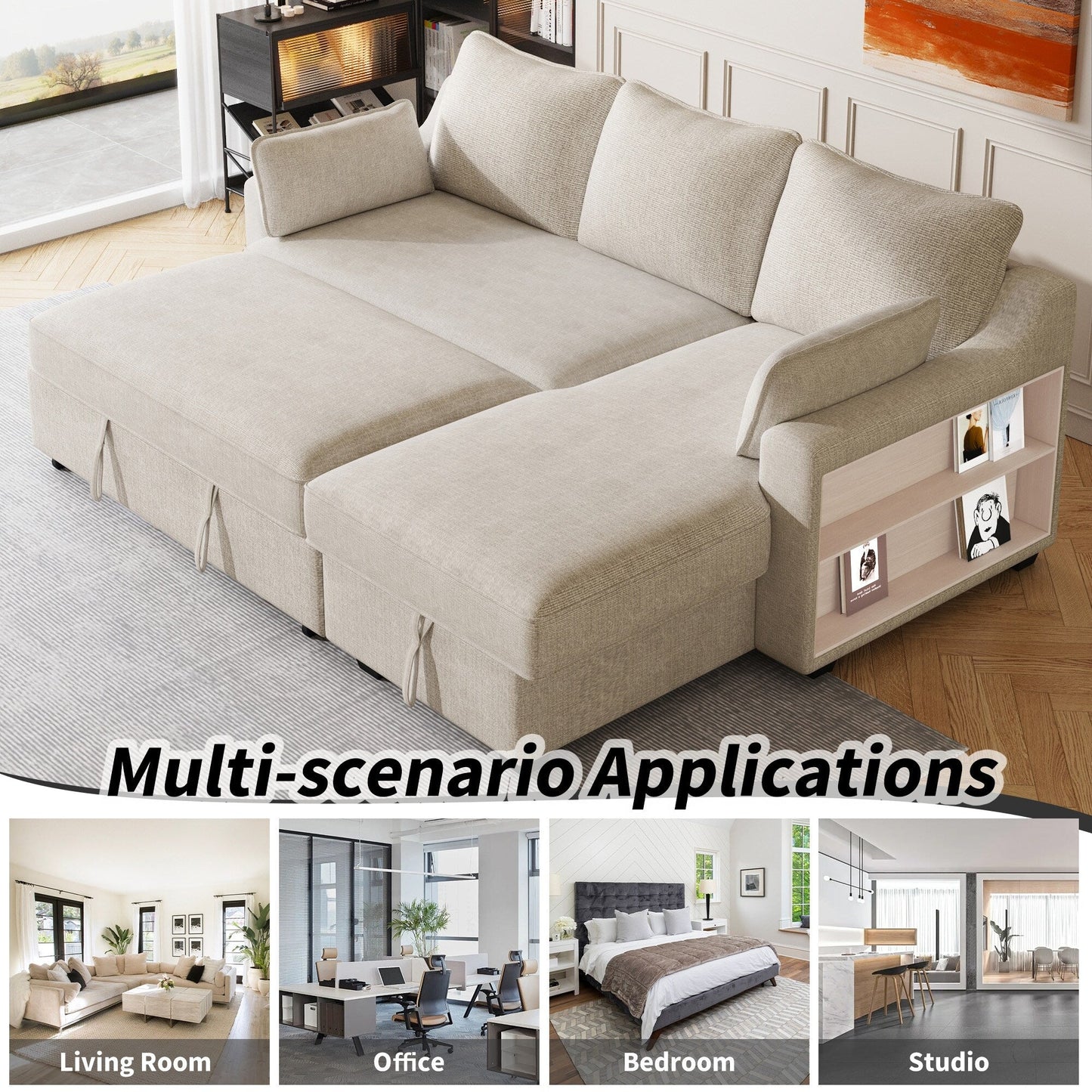 Canapé-lit convertible moderne en L avec méridienne de rangement, ports USB et étagères de rangement pour le salon