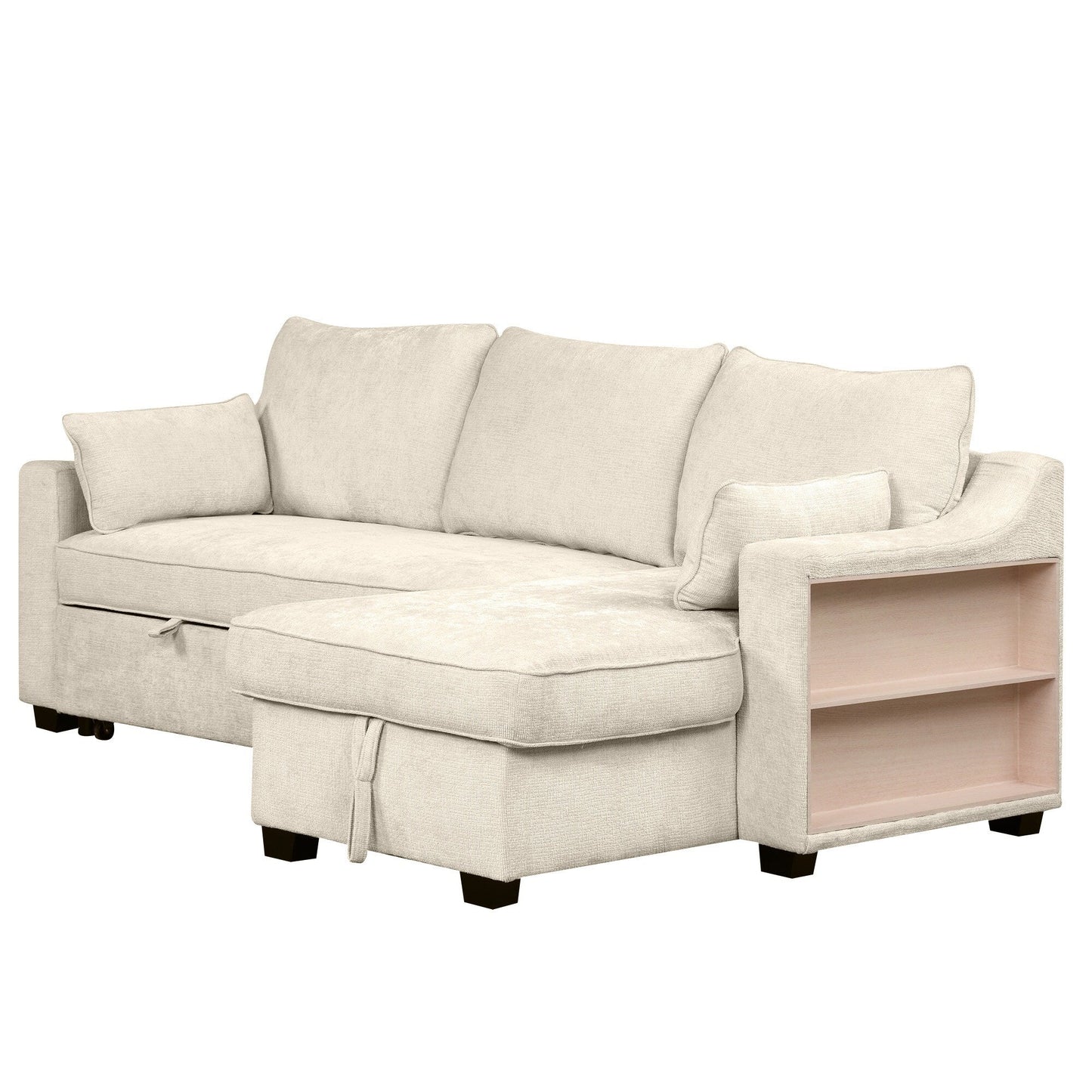Canapé-lit convertible moderne en L avec méridienne de rangement, ports USB et étagères de rangement pour le salon