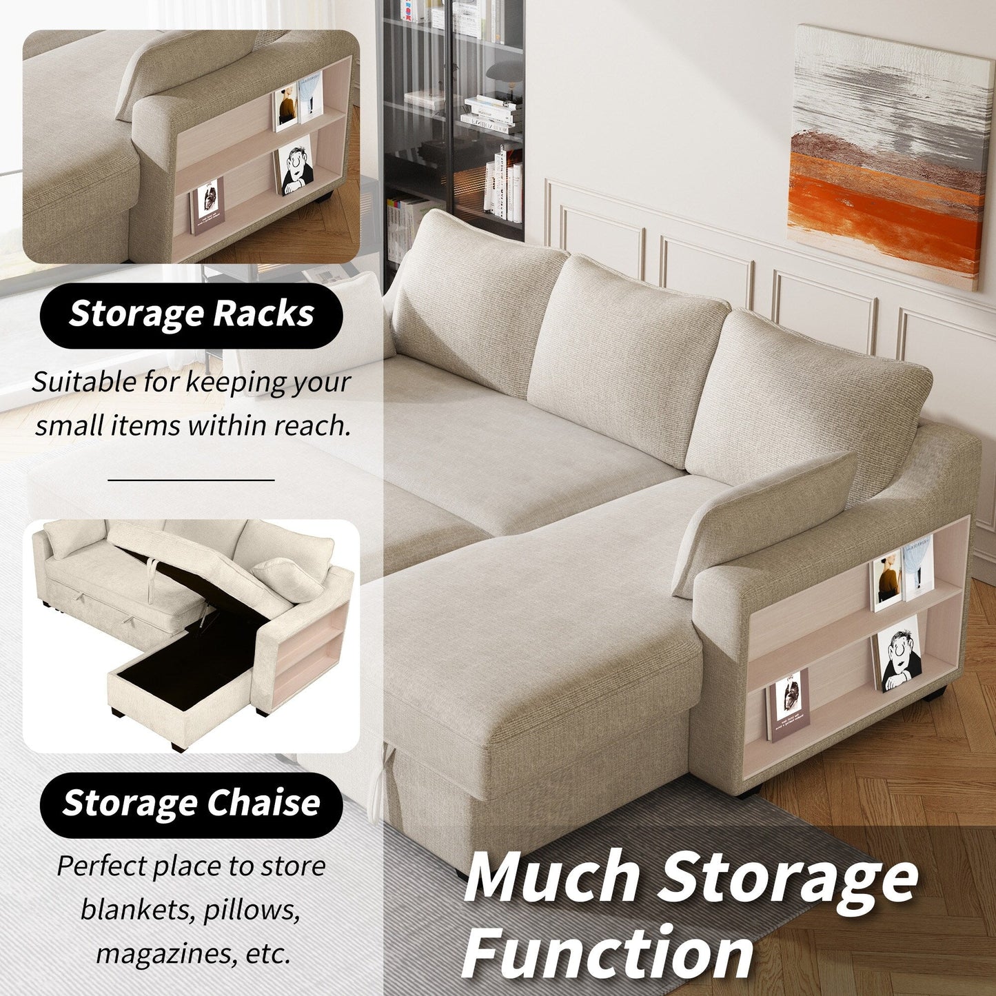 Canapé-lit convertible moderne en L avec méridienne de rangement, ports USB et étagères de rangement pour le salon