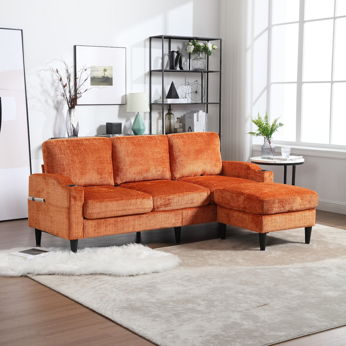 Canapé modulaire moderne en forme de L, 3 places, avec rangement, pouf, oreillers, porte-gobelets, poches latérales