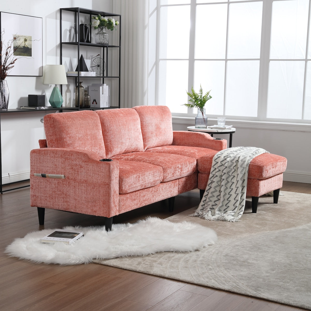 Canapé modulaire moderne en forme de L, 3 places, avec rangement, pouf, oreillers, porte-gobelets, poches latérales