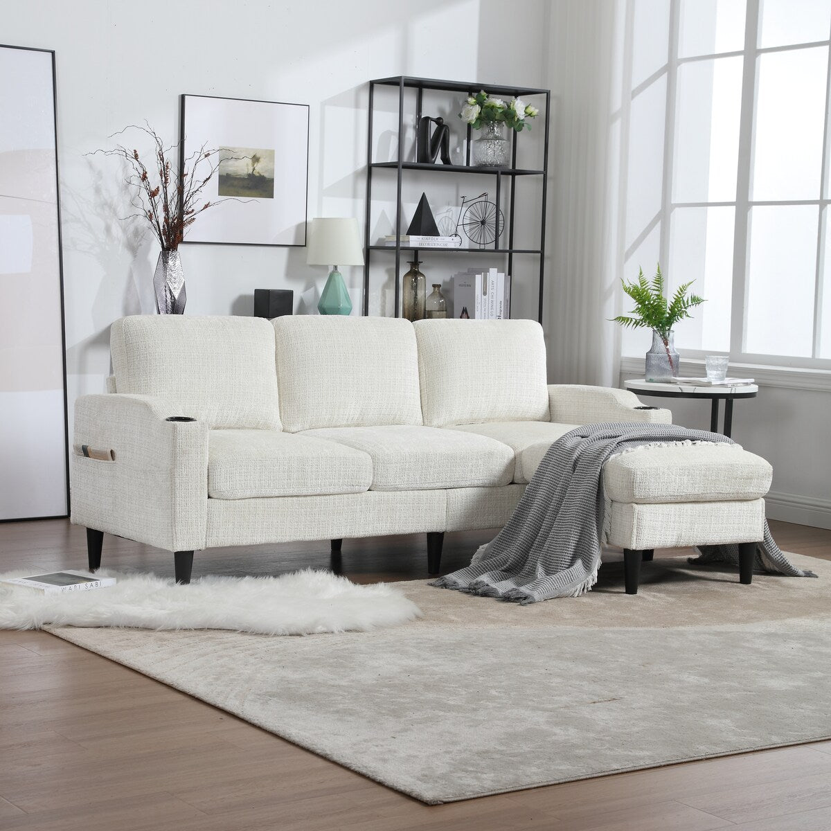 Canapé modulaire moderne en forme de L, 3 places, avec rangement, pouf, oreillers, porte-gobelets, poches latérales