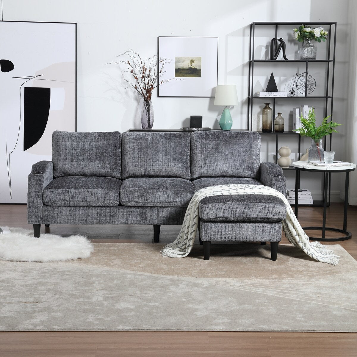 Canapé modulaire moderne en forme de L, 3 places, avec rangement, pouf, oreillers, porte-gobelets, poches latérales