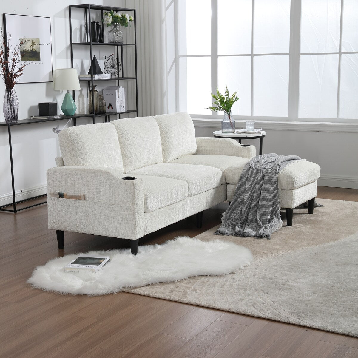 Canapé modulaire moderne en forme de L, 3 places, avec rangement, pouf, oreillers, porte-gobelets, poches latérales