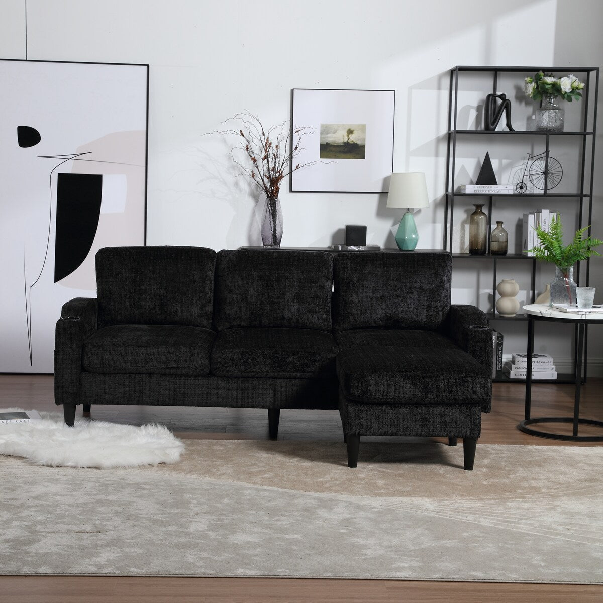 Canapé modulaire moderne en forme de L, 3 places, avec rangement, pouf, oreillers, porte-gobelets, poches latérales