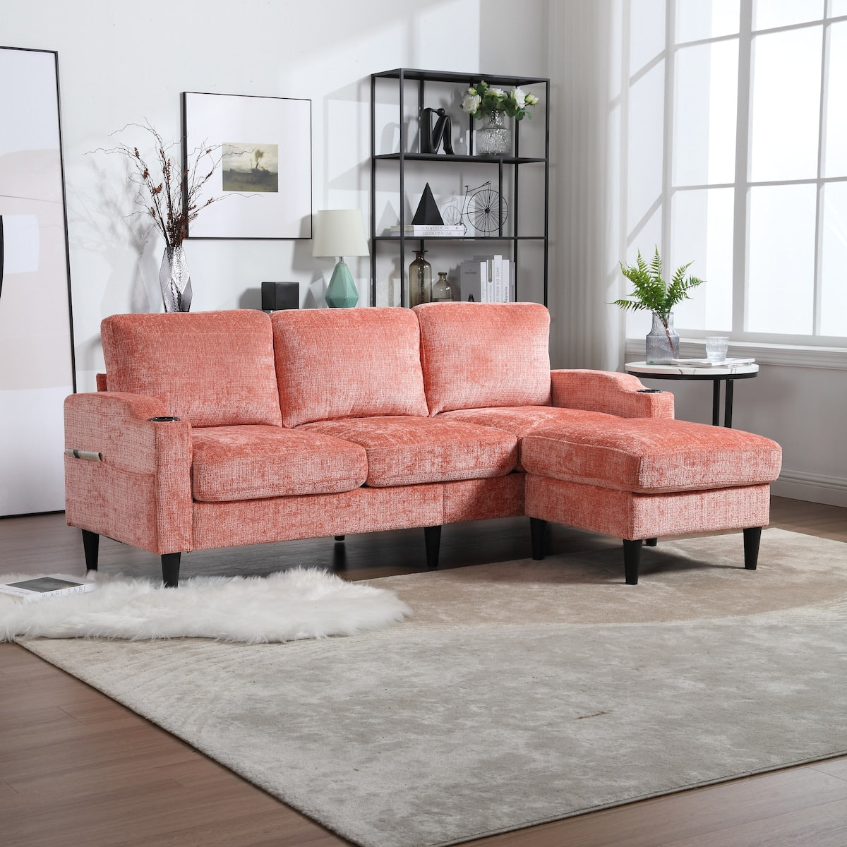 Canapé modulaire moderne en forme de L, 3 places, avec rangement, pouf, oreillers, porte-gobelets, poches latérales