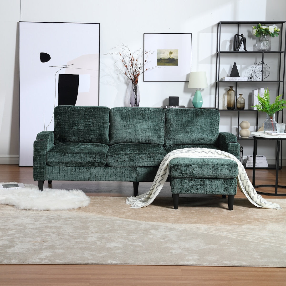 Canapé modulaire moderne en forme de L, 3 places, avec rangement, pouf, oreillers, porte-gobelets, poches latérales
