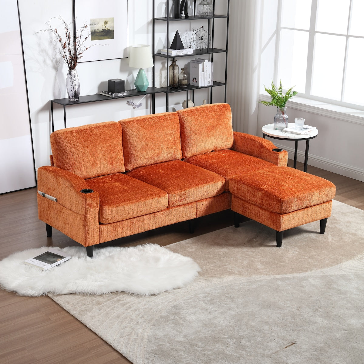 Canapé modulaire moderne en forme de L, 3 places, avec rangement, pouf, oreillers, porte-gobelets, poches latérales