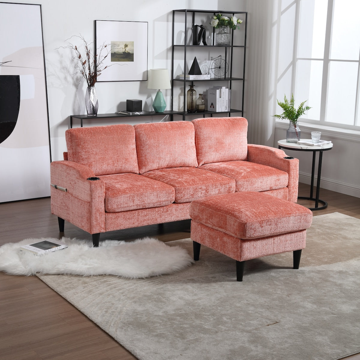 Canapé modulaire moderne en forme de L, 3 places, avec rangement, pouf, oreillers, porte-gobelets, poches latérales