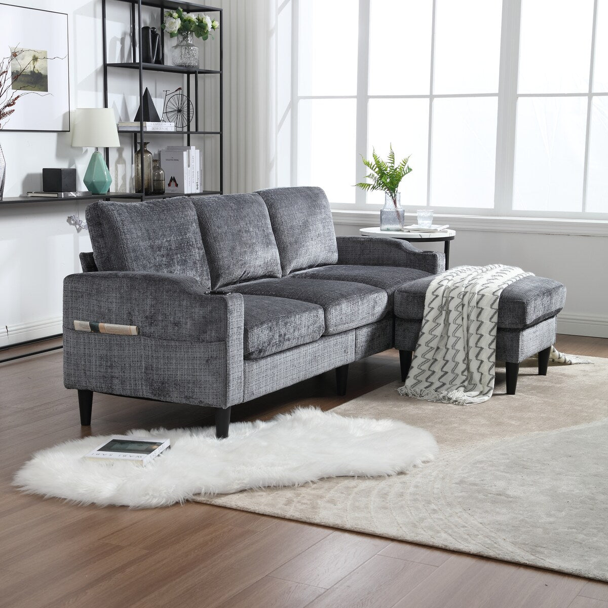 Canapé modulaire moderne en forme de L, 3 places, avec rangement, pouf, oreillers, porte-gobelets, poches latérales