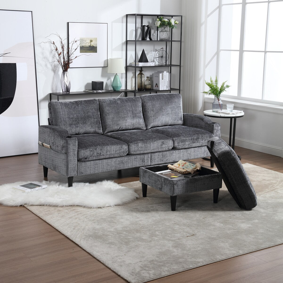 Canapé modulaire moderne en forme de L, 3 places, avec rangement, pouf, oreillers, porte-gobelets, poches latérales