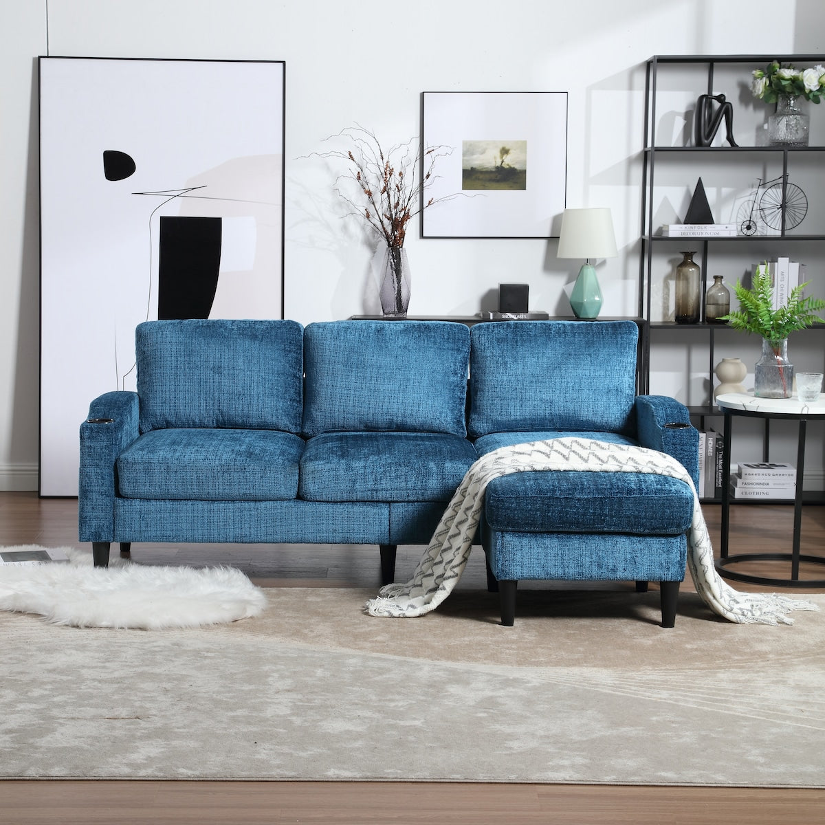 Canapé modulaire moderne en forme de L, 3 places, avec rangement, pouf, oreillers, porte-gobelets, poches latérales