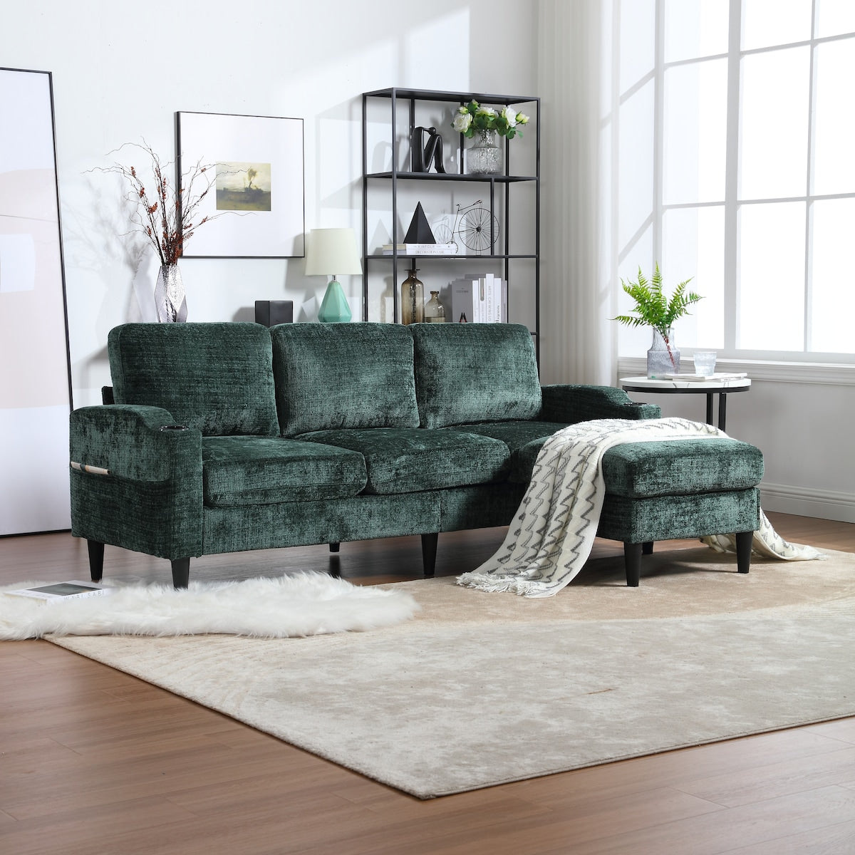 Canapé modulaire moderne en forme de L, 3 places, avec rangement, pouf, oreillers, porte-gobelets, poches latérales
