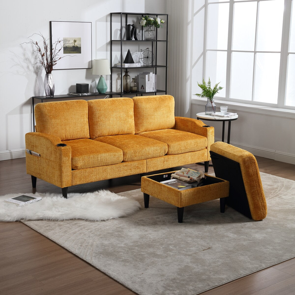 Canapé modulaire moderne en forme de L, 3 places, avec rangement, pouf, oreillers, porte-gobelets, poches latérales