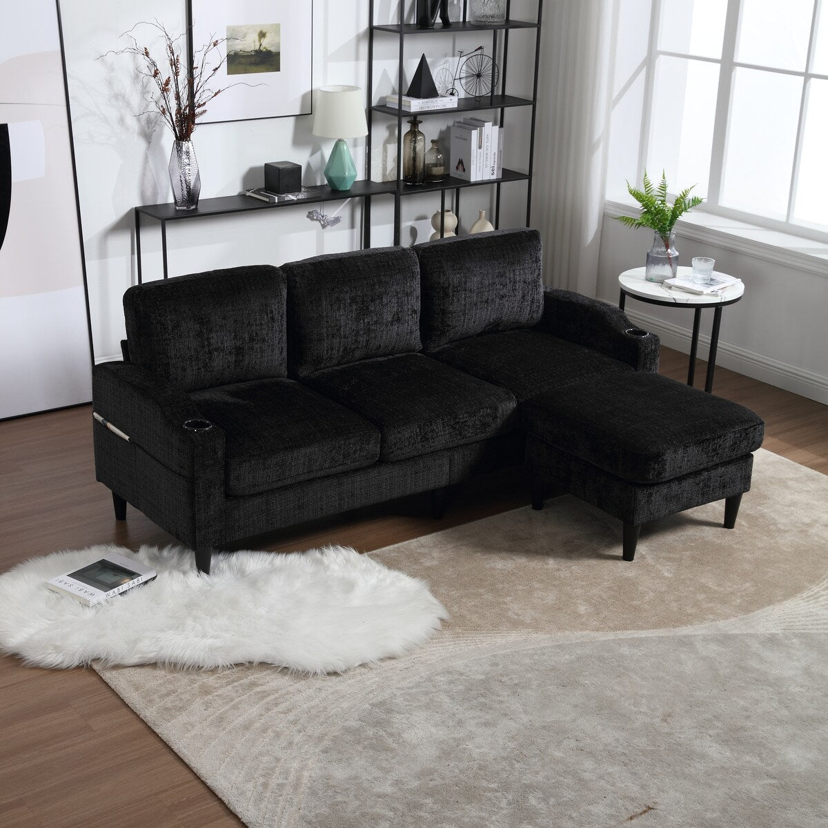 Canapé modulaire moderne en forme de L, 3 places, avec rangement, pouf, oreillers, porte-gobelets, poches latérales