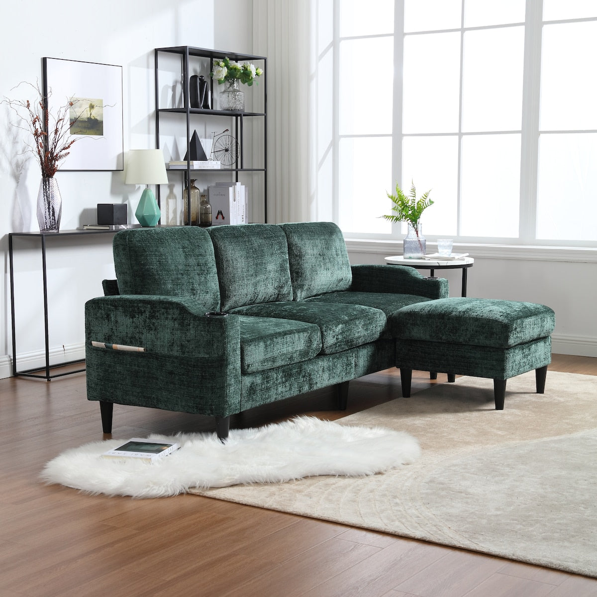 Canapé modulaire moderne en forme de L, 3 places, avec rangement, pouf, oreillers, porte-gobelets, poches latérales