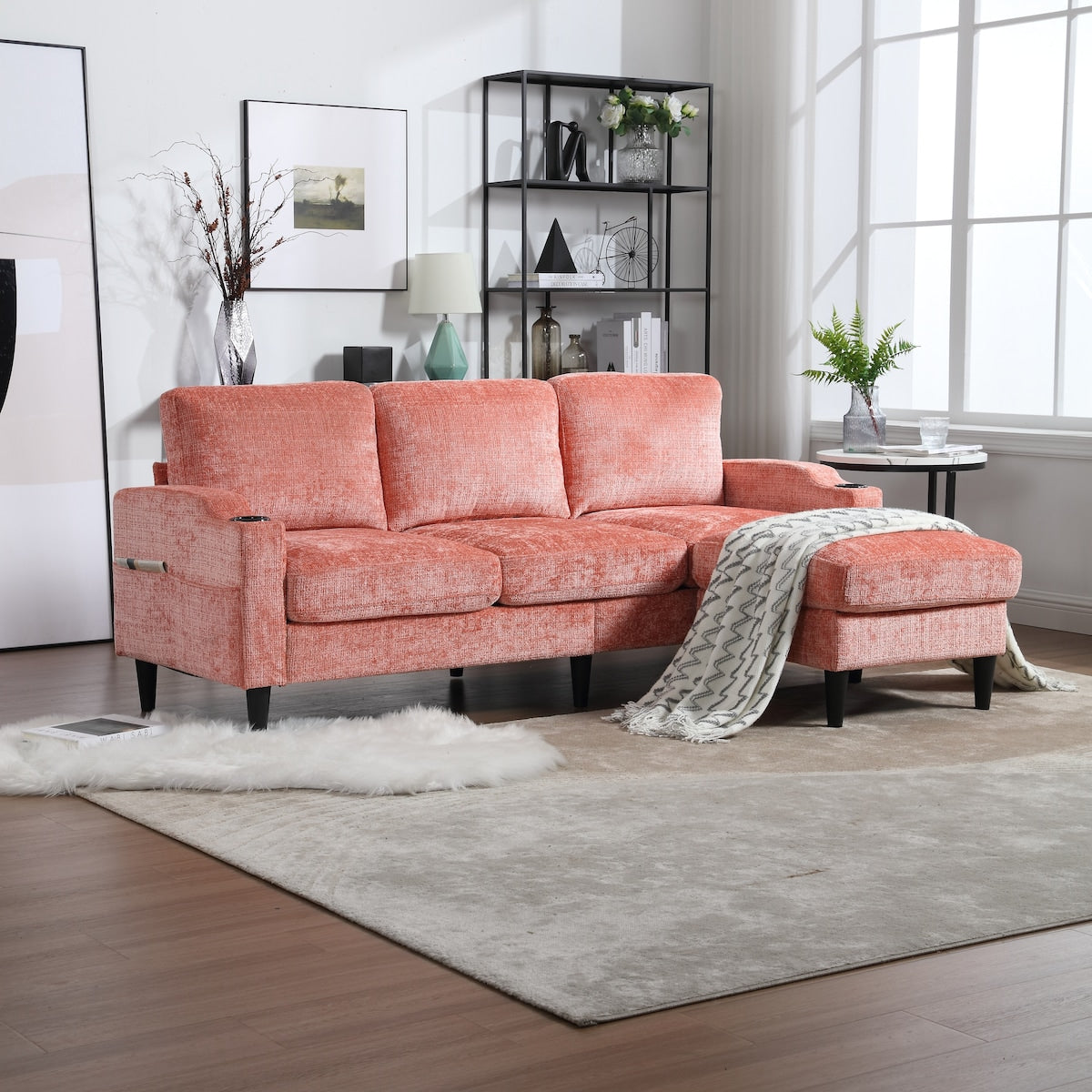 Canapé modulaire moderne en forme de L, 3 places, avec rangement, pouf, oreillers, porte-gobelets, poches latérales
