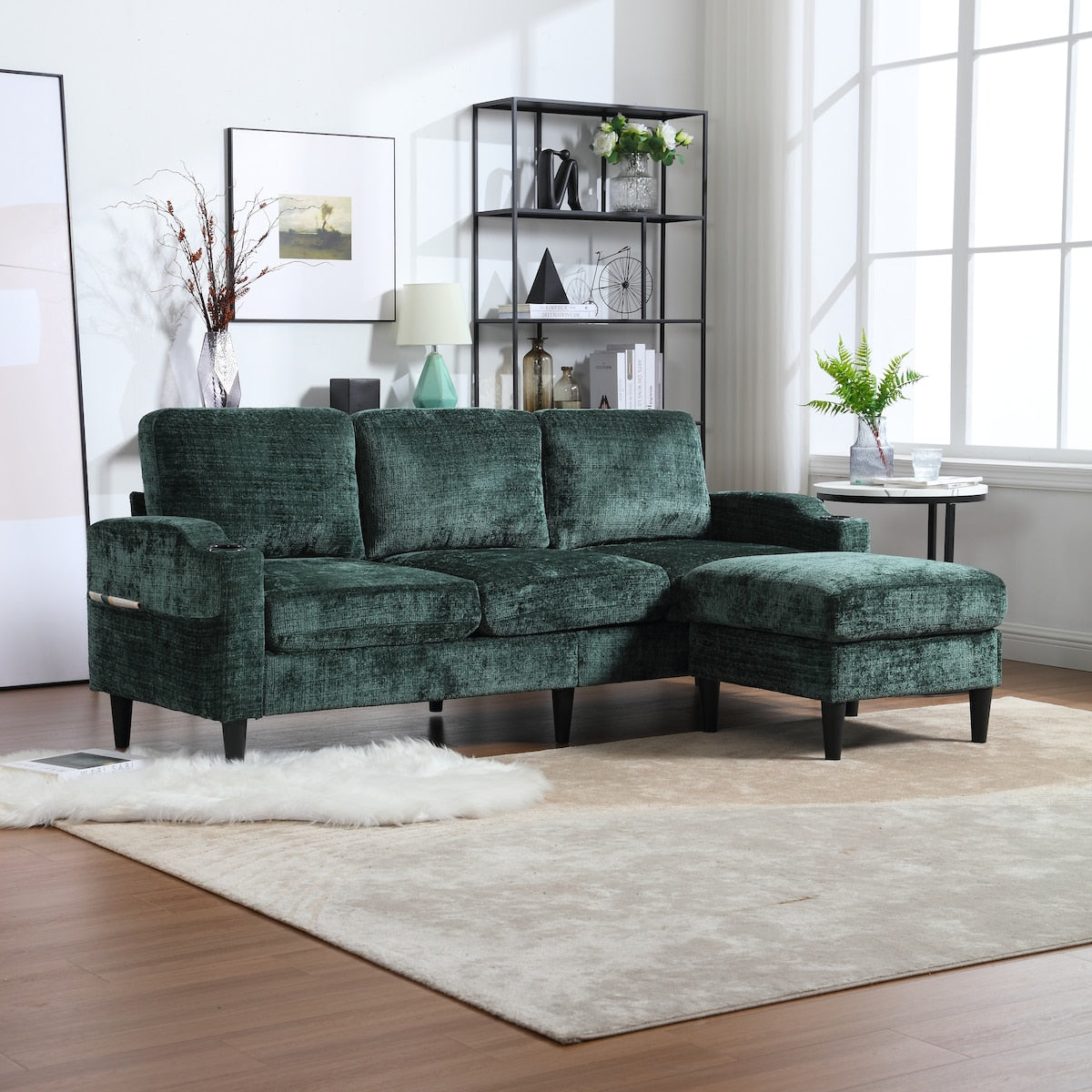 Canapé modulaire moderne en forme de L, 3 places, avec rangement, pouf, oreillers, porte-gobelets, poches latérales
