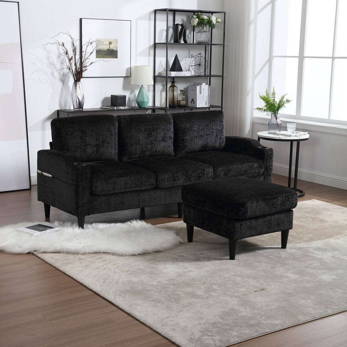 Canapé modulaire moderne en forme de L, 3 places, avec rangement, pouf, oreillers, porte-gobelets, poches latérales