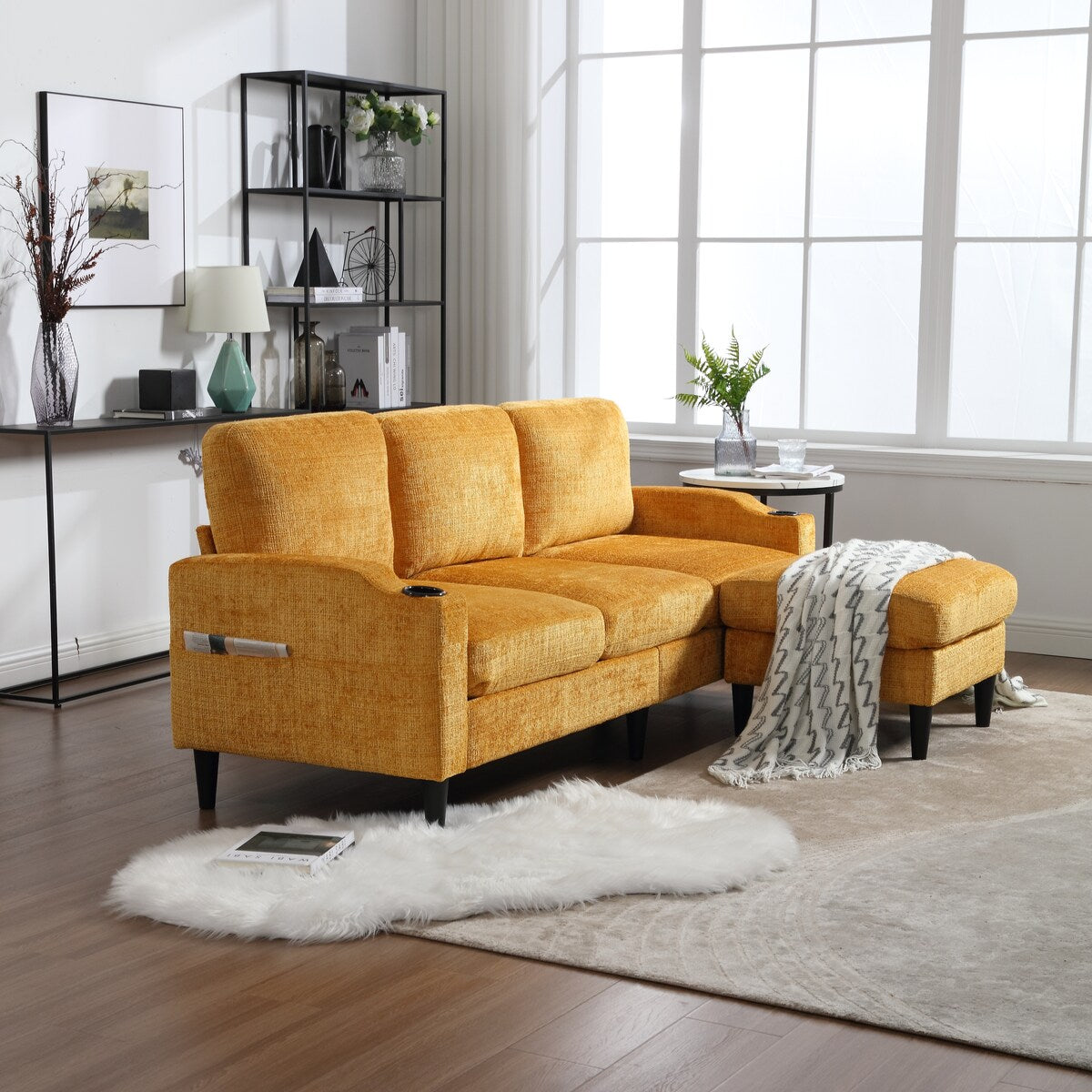 Canapé modulaire moderne en forme de L, 3 places, avec rangement, pouf, oreillers, porte-gobelets, poches latérales