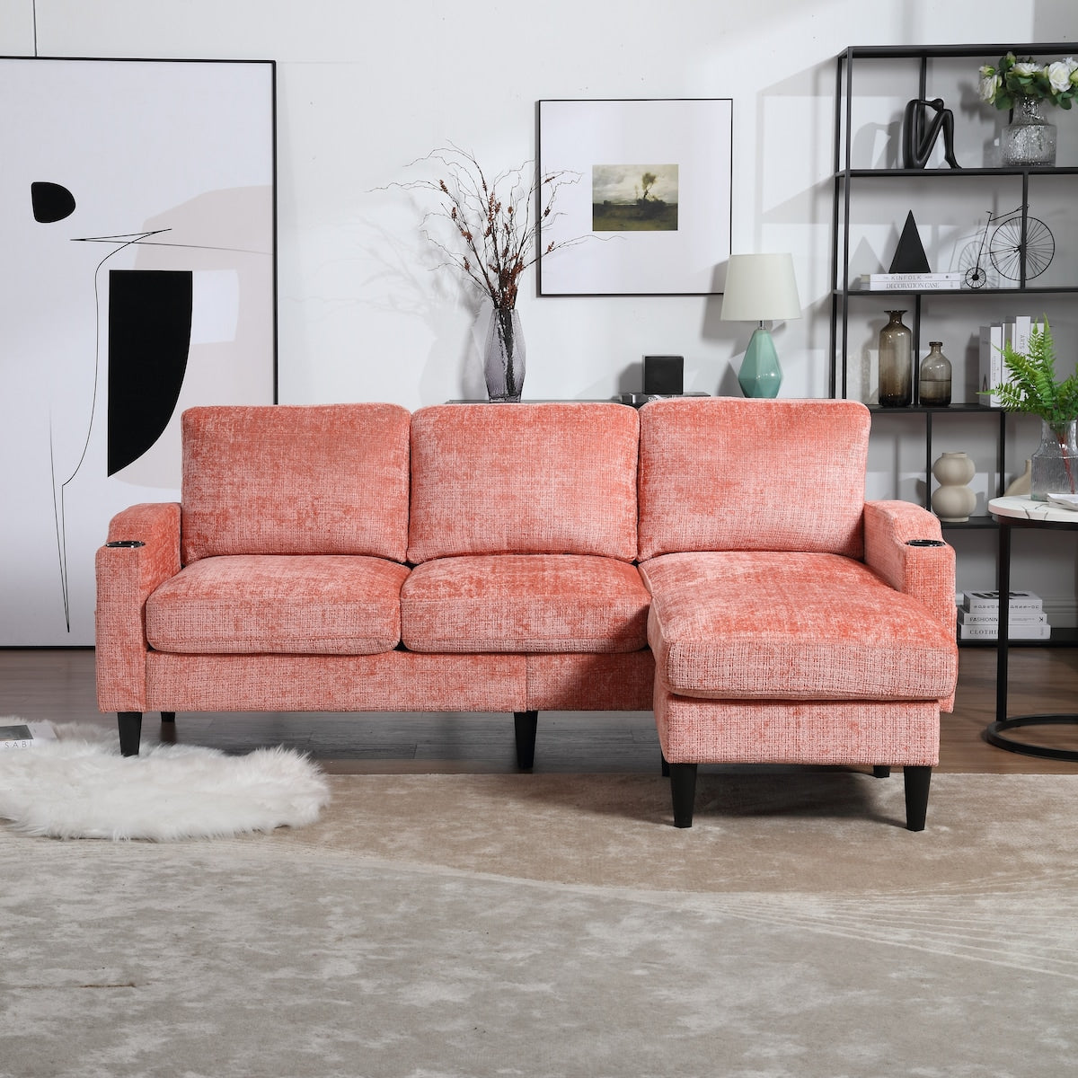 Canapé modulaire moderne en forme de L, 3 places, avec rangement, pouf, oreillers, porte-gobelets, poches latérales
